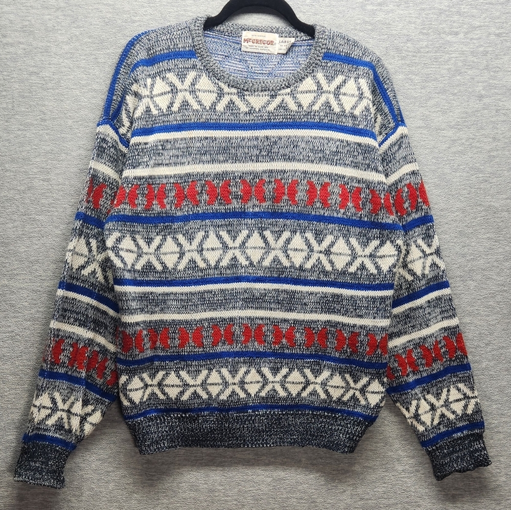 Vintage 80s McGregor Nordic Fair Isle Sweater Geometric knitted crochet mens LG